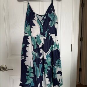 Navy Wrap Midi Dress with Tropical Green Leaf Print